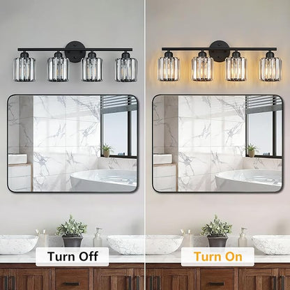 FDPBY Modern 4 Light Crystal Vanity Light, Black Vertical Bathroom Light Fixture Over Mirror for Dressing Table Sink, Compatible with Dimmable Bulbs (Bulbs Not Included)