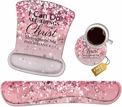 Ergonomic Mouse Pad Wrist Support and Keyboard Wrist Rest Set with Coasters, Non-Slip PU Base, Easy Typing & Pain Relief, Perfect for Home Office Working Studying, Bible Verse Philippians 4:13