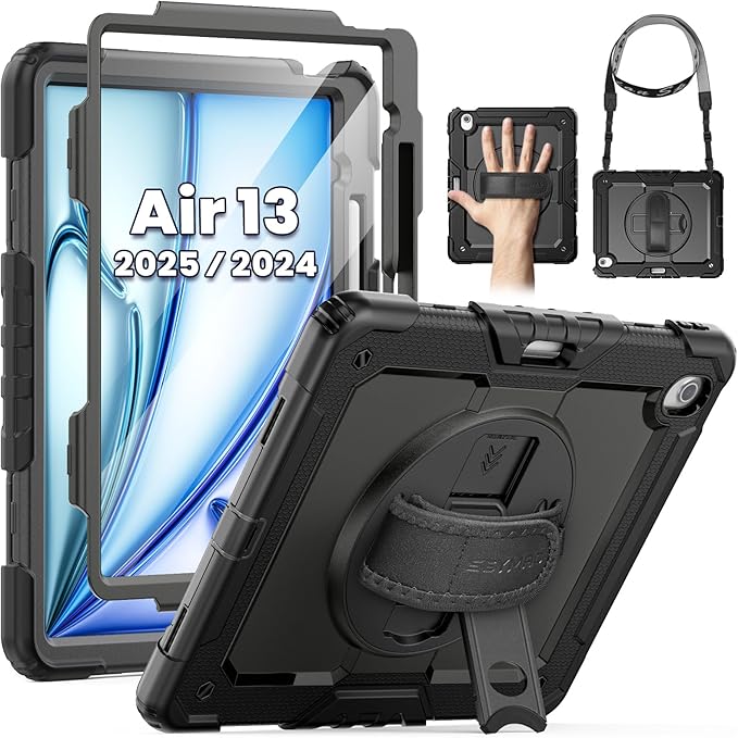 SEYMAC for iPad Air 13 Inch Case M3 2025/ M2 2024, Heavy Duty Shockproof Protective Case with Screen Protector, 360° Rotating Stand, Hand/Shoulder Strap and Pen Holder for iPad Air 13, Black