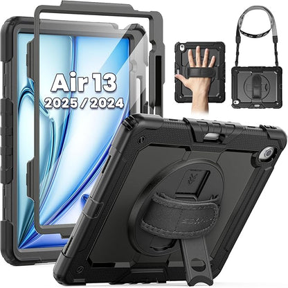 SEYMAC for iPad Air 13 Inch Case M3 2025/ M2 2024, Heavy Duty Shockproof Protective Case with Screen Protector, 360° Rotating Stand, Hand/Shoulder Strap and Pen Holder for iPad Air 13, Black