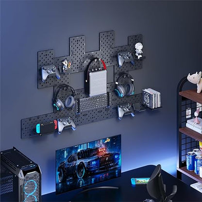 PEGZONE Controller and Headphone Holder Wall Mount, Modular Gaming Pegboard with Accessories, Controller Stand for Xbox PS5 PS4 Switch, Video Game Storage, Disc Shelf Organizer, 14pcs Pegboard, Black