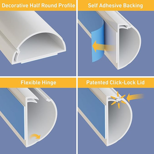 D-Line Half Round Cord Hider, Patented Cable Cover, Hide TV Wall Mount Wires, Raceway for Cords, Decorative Wire Covers, Paintable, Adhesive Cable Concealer - 2X 1.18in W x 0.59in H x 39in L - White