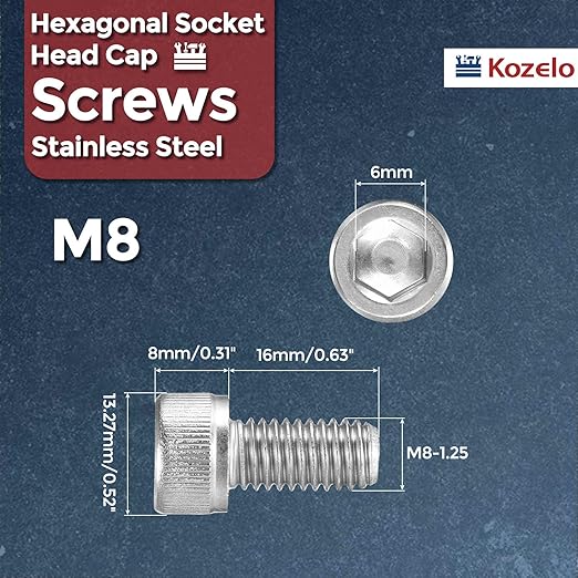 Kozelo 10pcs Socket Head Cap Screws - [M8-1.25 x 16mm] 304 Stainless Steel Allen Socket Drive for Electrical Motor 3D Printing Fan Engine Replacement Use, Silver