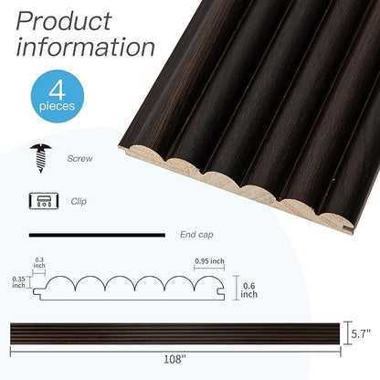 Art3d Fluted Wood Panel for Wall and Ceiling, Beaded Accent molding for Home Decoration, Pack of 4pcs + 1pc End-Trim, Size 108 x 5.7in.- Beaded Smoked Oak