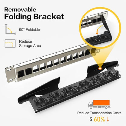 PBAEGAV 8 Port Patch Panel Blank UTP/STP 1U 10“ Keystone Patch Panel with Cable Management and Support Bar Compatible with LC/SC/ST/FC/USB/HDMI Keystone Jack(8 Port)