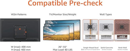 Amazon Basics Full Motion Articulating TV Wall Mount, with Swivel and Tilt, for 26" to 55" TVs and Flat Panels up to 80 Lbs, VESA Compatible, Black