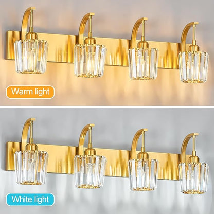 FDPBY Modern Bathroom Vanity Light, 4-Light Gold Wall Sconce with Crystal Accents, Over Mirror Bathroom Lighting Fixture, 32.67" Long Dimmable Vanity Lamp for Makeup, Easy Installation