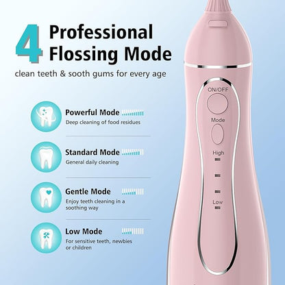 Leominor Water Flosser Pick for Teeth, 300ML Portable Oral Irrigator Upgraded Tank Removable,IPX7 Waterproof, Rechargeable Travel Teeth Cleaner, Professional Electric Flossing Machine (Pink)
