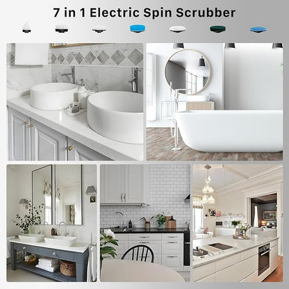 Electric Spin Scrubber, Hillyfe Bathroom Scrubber Electric with 7 Replaceable Brush Heads, IPX7 Waterproof,300/400 RPM, 3 Adjustable Length,Scrubber Brush Electric for Bathtub Floor,Black