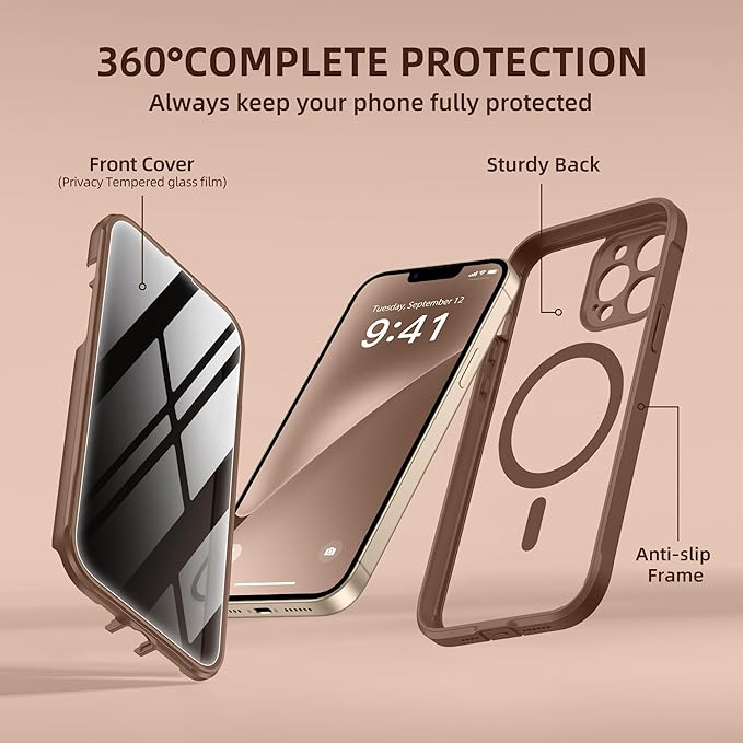 BERFY Magnetic for iPhone 13 Pro Max Case, Compatible with MagSafe, Built-in Privacy Screen Protector and Upgraded Camera Protection, Anti-Spy Full Body Shockproof Phone Case for 13 Pro Max 6.7",Brown