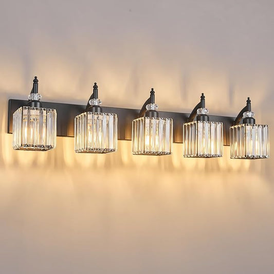 BBLLWJ Crystal Vanity Lights - Black 5 Light Modern Bathroom Vanity Light Fixtures Over Mirror