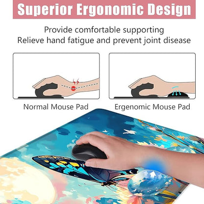 BFUKVOU Large Keyboard Mouse Pad Set, Extended Mouse Pad+Keyboard Wrist Rest Support, Memory Foam Ergonomic Easy Typing, 4Pcs (31.5×11.8 in) Desk Pad Set for Office Home,Flowers and Butterflies