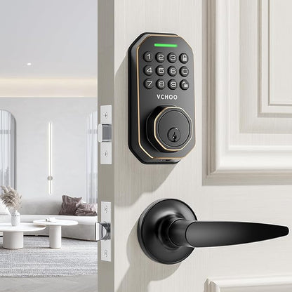 VCHOO Keyless Entry Door Lock Set Smart Locks for Front Door Keypad Door Lock with Handle Auto Lock One Time Password Anti Peeping Password IP54, Bronze