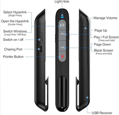 DinoFire USB C Rechargeable Presentation Remote with Red Light,Wireless Preseter PPT Slide Clicker Advancer for MacBook Laptop Computer