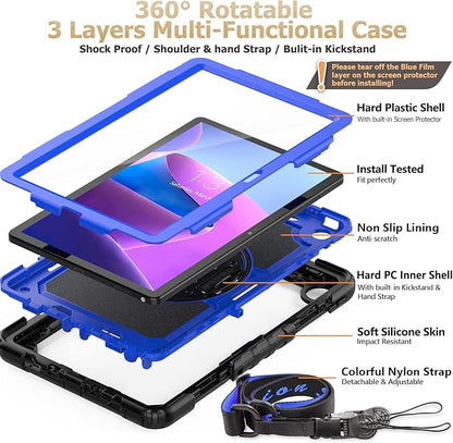 SEYMAC stock Tablet Case for Lenovo Tab M10 Plus 3rd Gen (TB-125FU/128FU/128XU) 10.6 inch Drop-Proof Protection Cover with 360° Rotate Stand & Strap [Pen Holder] & Screen Protector, Blue+Black