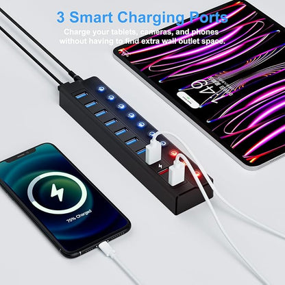 ONFINIO Powered USB Hub, 10-Port USB Splitter Hub (7 Faster Data Transfer Ports+ 3 Smart Charging Port) with Individual LED On/Off Switches and 12V/3A Power Adapter USB Extension for Mac, PC and More