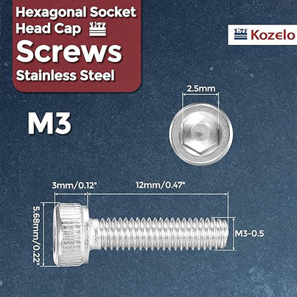 Kozelo 100pcs Socket Head Cap Screws - [M3-0.5 x 12mm] 304 Stainless Steel Allen Socket Drive for Electrical Motor 3D Printing Fan Engine Replacement Use, Silver