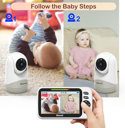 Blemil Upgrade Baby Monitor with 30-Hour Battery, 5" Large Split-Screen Video Baby Monitor with 2 Cameras and Audio, Remote Pan/Tilt/Zoom, Two-Way Talk, Room Temperature, Night Vision, 1000ft Range