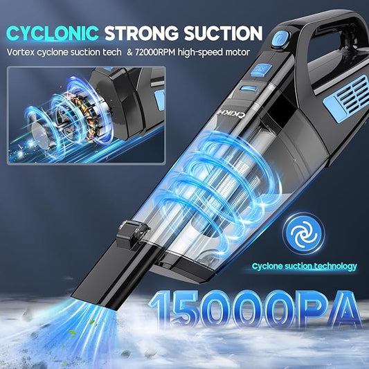 CKIKH Handheld Vacuum Cordless, 15000PA Strong Suction Hand Held Car Vacuum Cleaner Portable with Multi-Nozzles & Washable Filter, Lightweight Dust Busters Rechargeable for Home, Car, Office, Pets