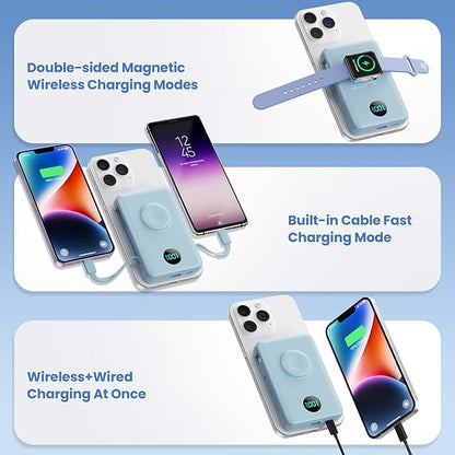 Magnetic Portable Charger 10800mAh for iPhone with Built-in Cables, 6-in-1 Wireless Power Bank with iWatch Charger, 25W PD Fast Charging USB C Battery Pack for iPhone 16/15/14/13,Apple Watch(Sky Blue)