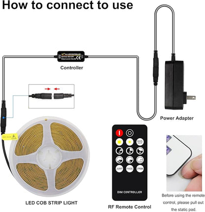 AXMOTUT COB LED Strip Light Warm White, High Bright LED Strips with 2400LEDs, RF Remote and UL Power Supply, 3000K Dimmable LED Lights for Bedroom, Kitchen, DIY Home Decoration