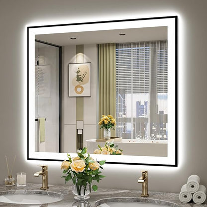 YEELAIT 40x36 Inch LED Bathroom Mirror with Lights (Front Lit and Backlit) Black Framed Lighted Vanity Mirror for Bathroom Wall Dimmable Anti-Fog Memory Tempered Glass Horizontal/Vertical