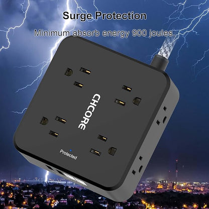 Surge Protector Power Strip - CHCORE 5Ft Braided Extension Cord with 8 Outlets with 4 USB (2 USB C) Charging Ports, Flat Plug Multi Plug Outlet Extender Charging Station for Home Office, ETL, Black