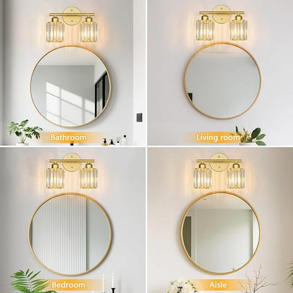 FDPBY Modern 2 Light Crystal Vanity Light, Gold Vertical Bathroom Light Fixture Over Mirror for Dressing Table Sink, Compatible with Dimmable Bulbs (Bulbs Not Included)