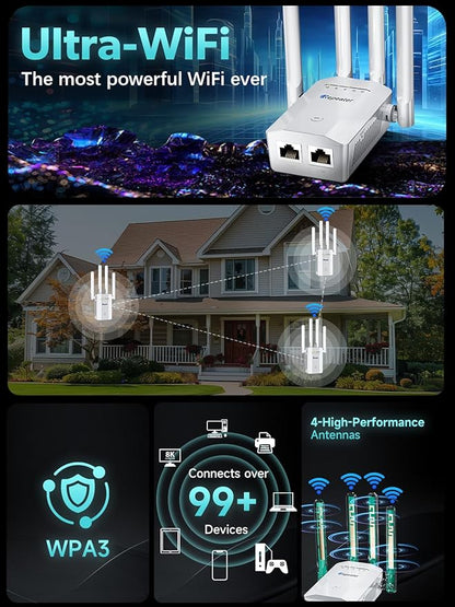 2026 New WiFi Extender Signal Booster for Home, 15715sq.ft Long Range WiFi Repeater Wireless Routers Signal Amplifier, Mesh WiFi 15X Faster Access Point with Ethernet Port, Easy Setup, 5 Working Mode