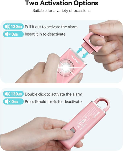 TECKNET Rechargeable Personal Safety Alarm for Women, 130dB Self Defense Keychain Alarm with SOS Strobe Light, Low Battery Notice, Loud Siren Safety Keychain for Girls Kids Elderly - Pink