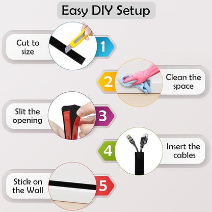 Rubber Bond TV Cord Hider Cable Protector - Strong Self Adhesive Wall Cord Cover Cable Hider - Low Profile Cable Management Wall Cord Concealer Cable Raceway (Black, 6 Feet)