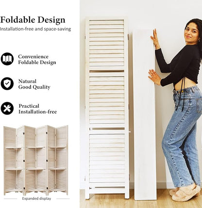 Partition Room Dividers, Folding Wood Privacy Screen with Three Display Shelves Suitable for Home Office, Study, Art Display - 6 Panel, 67 * 77inch (White)