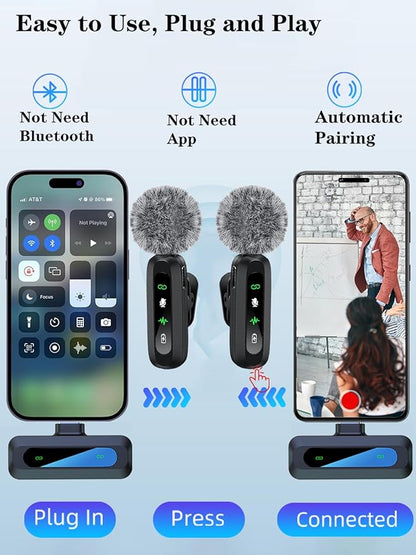 Wireless Lavalier Microphone for iPhone Android Plug-Play,2 Pack Mini Microphone Professional Noise Reduction Recording Clip Mic for Creator Vlog Creator (All iPhones & Androids (USB-C + Lightning))
