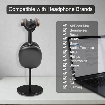 GEVO Headphone Stand for Desk, Walnut Wood & Aluminum Headset Stand, Universal Walnut Gaming Headset Holder with Solid Heavy Base for AirPod Max, Bose, Sony All Headphone Sizes (Circular Base)