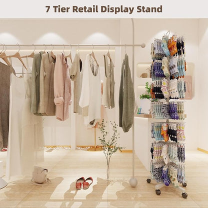 YEOOE Upgraded Retail Display Stand 7 Tier Spinning Display Stand, Movable Shop Spinner Rack with Hooks, Retail Display Racks for Jewelry Keyring Hats Socks Toys (White)