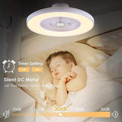 HUMHOLD 24" Bladeless Ceiling Fans with Lights and Remote/APP Control, Low Profile Ceiling Fan with 3-Dimmable Lights, Enclosed Flush Mount Ceiling Fan for Kid's Bedroom/Living Room