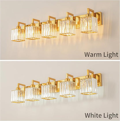 FDPBY Modern Bathroom Vanity Light 5-Lights Chrome Crystal Wall Lamp Bathroom Modern Crystal Vanity Lighting
