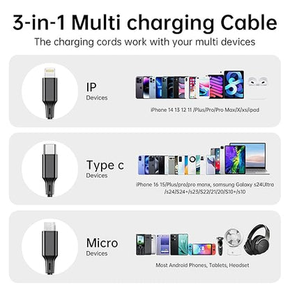 Multi USB Charging Cable 3A, (2Pack 6.6FT)3 in 1 Fast Charger Cord Connector with Dual Phone/Type C/Micro USB Port Adapter, Compatible with Tablets Phone 12 11 Pro 8 7 6 Samsung Galaxy(Charging Only)