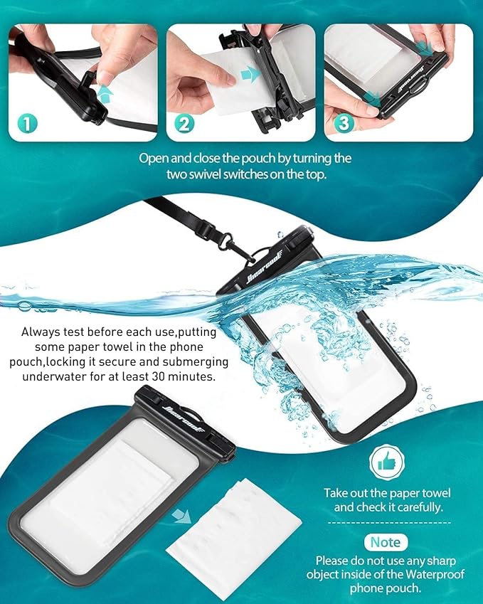 Hiearcool Waterproof Pouch for iPhone, Waterproof Phone Bag Travel Essentials Cruise Accessories Must Haves-4Pack Black
