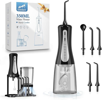 GOLDANT 350ML Water Flosser with Drainage & Storage Stand, Keeps Dry & Clean, 5 Modes, 360°Nozzle, Cordless Rechargeable, IPX7 Waterproof, Portable for Home & Travel (Black)