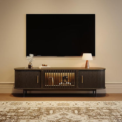 POVISON Sliding Tambour Door TV Stand with LED Lights, Mid Century Modern TV Console, Wood Media Console, Entertainment Center with Storage Cabinet, Fully-Assembled (Black, 70.87")