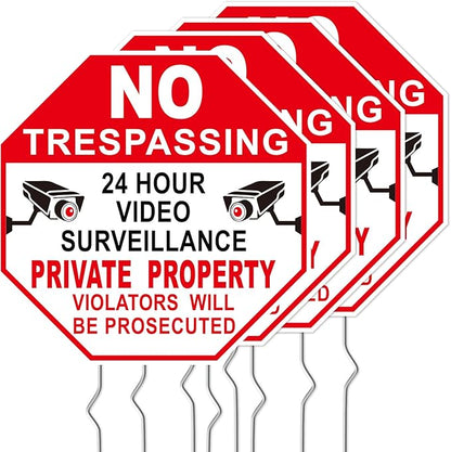 NO Trespassing Signs Private Property Video Surveillance Sign, Large 4-Pack 10"x10" Double-Sided Signs, Corrugated Plastic, Metal Stakes, Outdoor Yard Sign for Home and Front Door Land, and Garden, Lawn