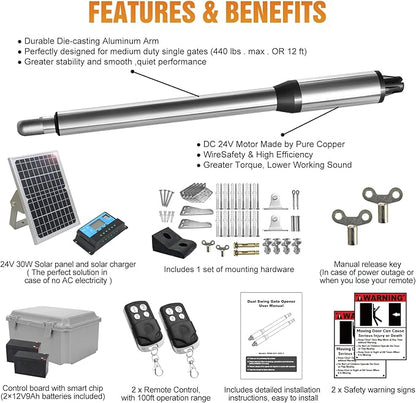 JUJIANG C01 Solar Gate Opener with Batteries & Solar Panel for Single Swing Gates Up to 440lb 12FT Automatic Gate Openers with Remote Complete Kit Light Duty Automatic Gate Openers Solar Powered