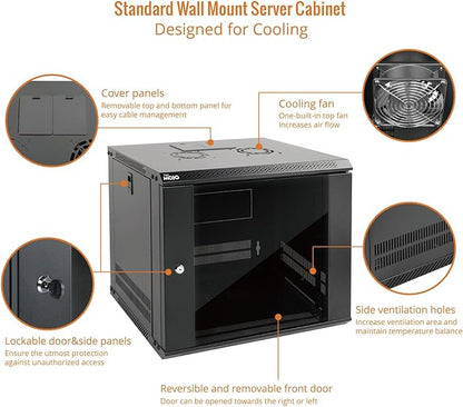 Tecmojo 9U Wall Mount Server Cabinet IT Network Rack Enclosure Lockable Door and Side Panels Black,Cooling Fan, Glass Door, 17.7inch Depth,for 19” IT Equipment, A/V Devices