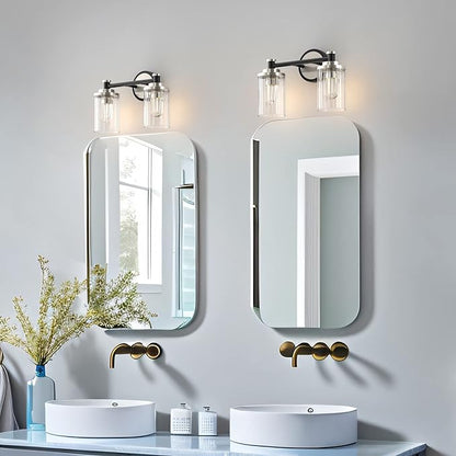 PHIXART Bathroom Lighting Fixtures Black and Brushed Nickel Bathroom Vanity Light with Cylindrical Clear Stripes Glass Lampshade E26 Socket Base Bathroom Lighting Fixtures Over Mirror (2 Lights)