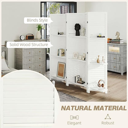 HOMCOM Room Divider, 5 Panel 67" Tall Wood Privacy Screen with 3 Display Shelves, and Folding Storage for Bedroom or Home Office, White