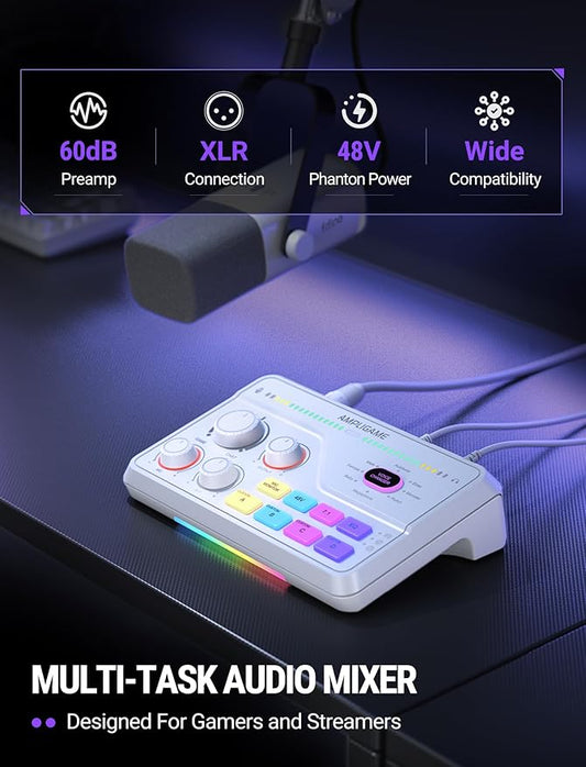 FIFINE Audio Mixer for Gaming with 7.1ch Surround Sound-Volume Knob-Mute-Voice Chat, RGB Computer Mixer with XLR Mic Interface Compatible wtih TV for Live Streaming-AmpliGame SC8W