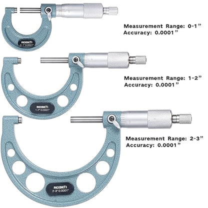 REXBETI 3Pcs Outside Micrometer Set, 0-3" Machinist Micrometer, Ultra-Precision Carbide Tipped Measuring Tool Set, 0.001" Graduation, +/-0.0001" Accuracy, Protective Case