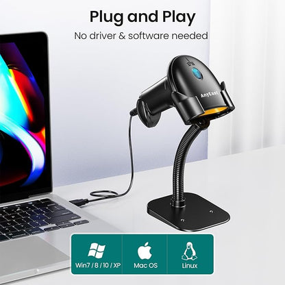 Anyeast Barcode Scanner with Stand: USB Wired Inventory 2D 1D QR Code Scanner,Compatible with Computer POS MAC with Automatic Scanning, Handheld Barcode Reader for Library Supermarket（Yellow）