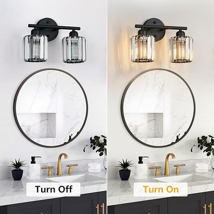 FDPBY Modern 2 Light Crystal Vanity Light, Black Vertical Bathroom Light Fixture Over Mirror for Dressing Table Sink, Compatible with Dimmable Bulbs (Bulbs Not Included)